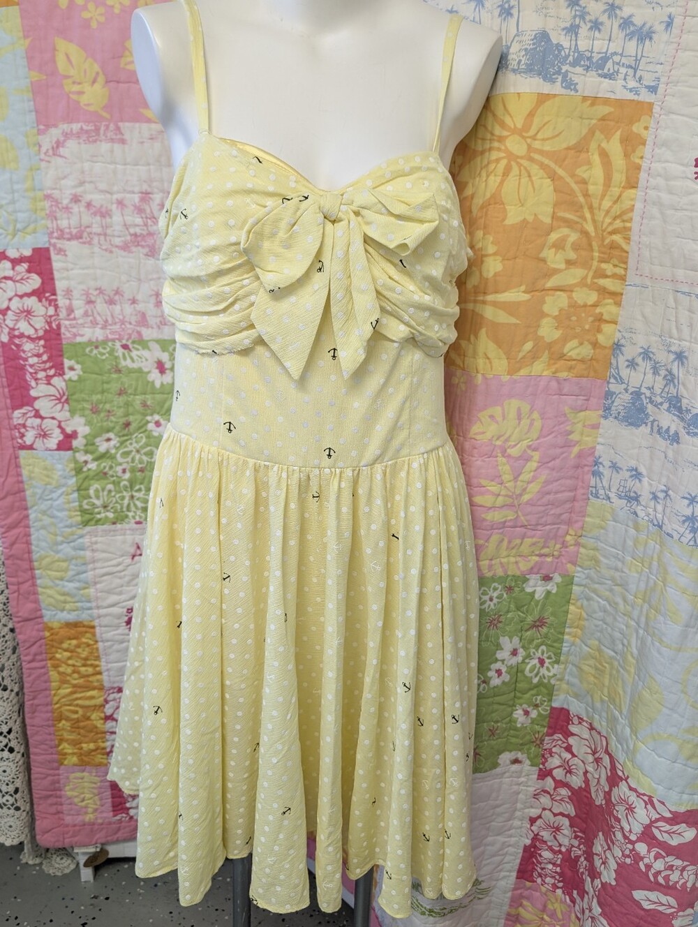 ICONIC Summer Dress In Pale Yellow White Polkadots Navy Blue Boat Ankers. XXL